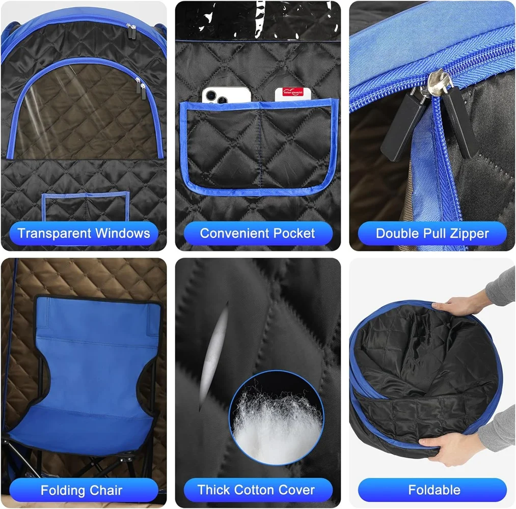 Black Health Wellness Portable Sauna Tent with Steamer and Foldable Chair