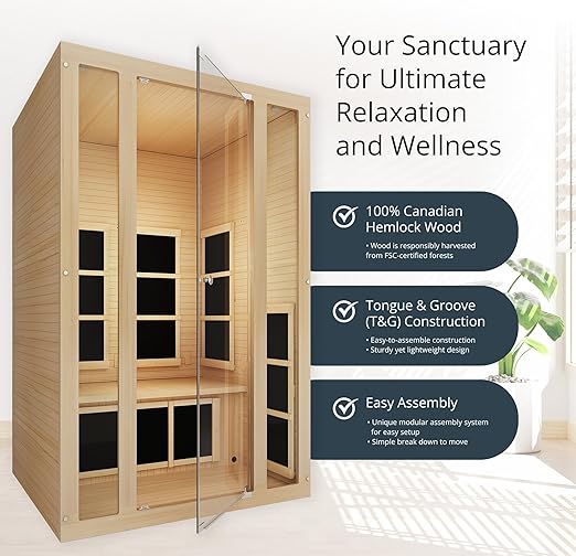 1- Person Infrared Sauna, Remotely Controllable Indoor Sauna, LowEMF 1200W/120V LCD Heater,WiFi &BT Control,9-Color LightTherapy, Safe Flame-Retardant Material,Wood