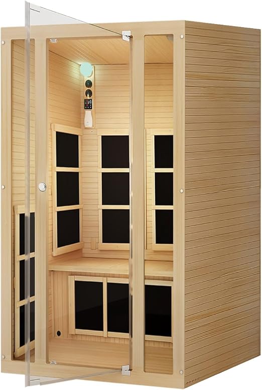 1- Person Infrared Sauna, Remotely Controllable Indoor Sauna, LowEMF 1200W/120V LCD Heater,WiFi &BT Control,9-Color LightTherapy, Safe Flame-Retardant Material,Wood